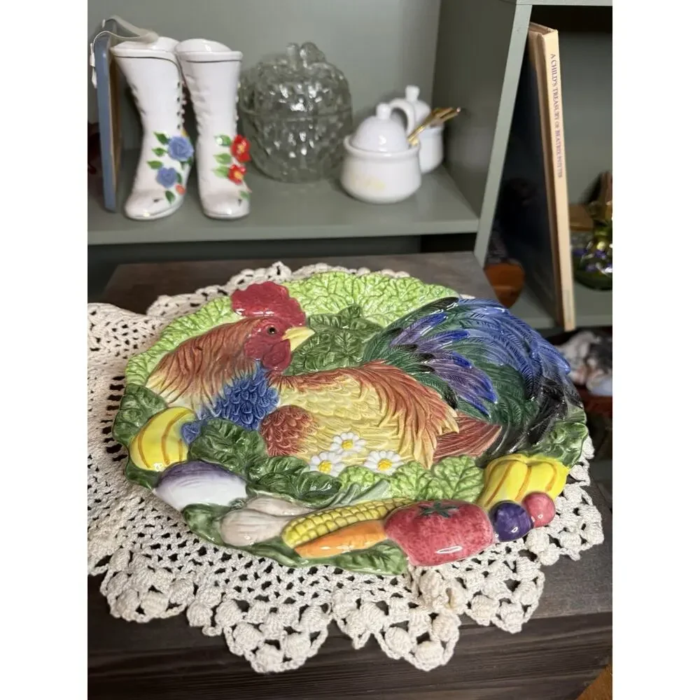 Fitz and Floyd Rooster Coq du Village Oval Wall Plaque 10x8,5 Majolica Nice